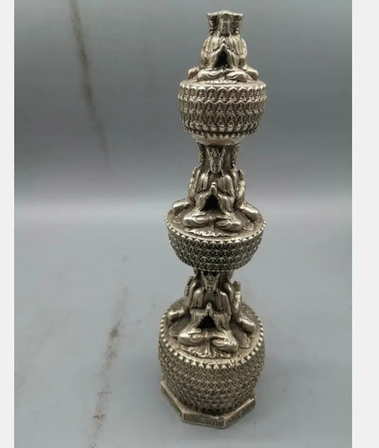 China archaize White copper Buddha tower crafts statue