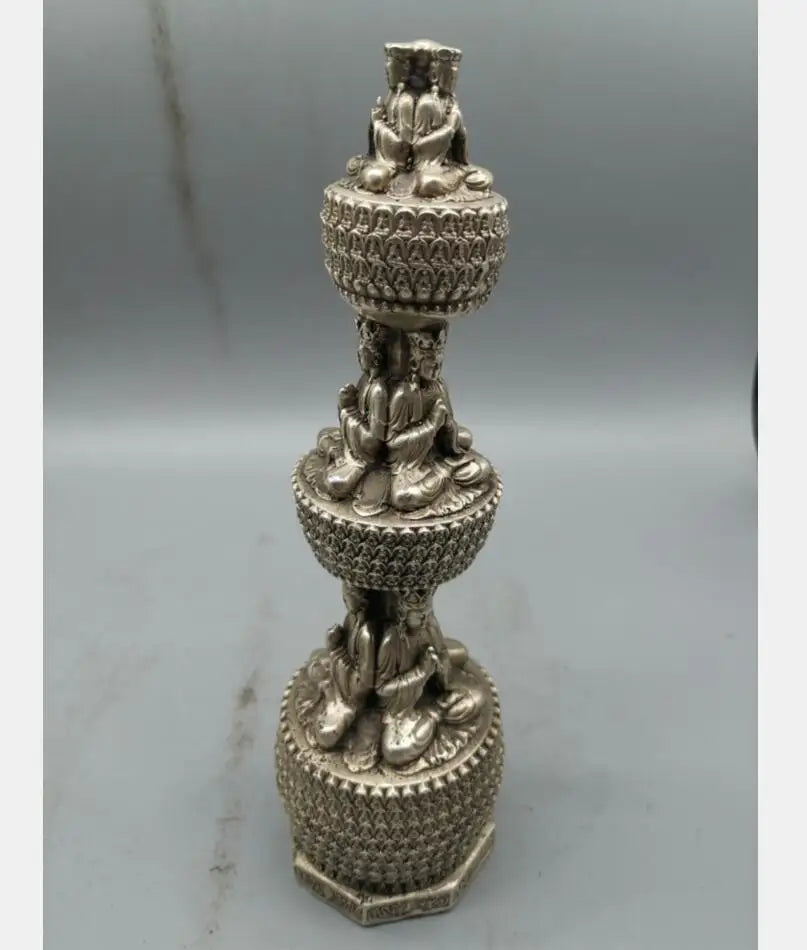 China archaize White copper Buddha tower crafts statue