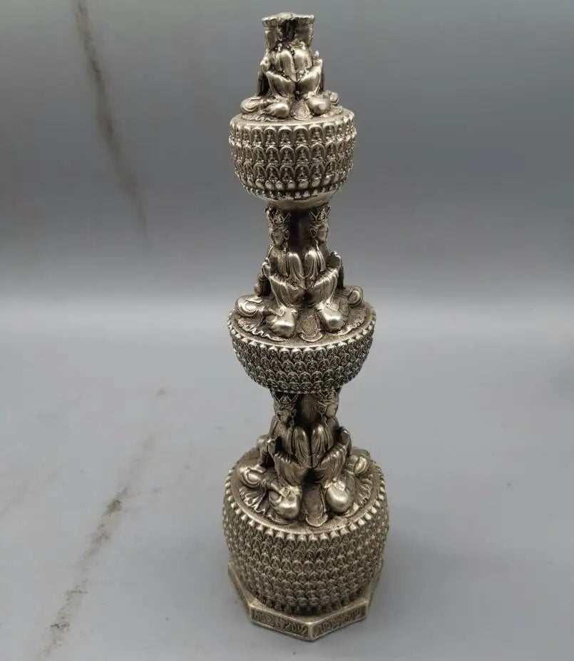 China archaize White copper Buddha tower crafts statue