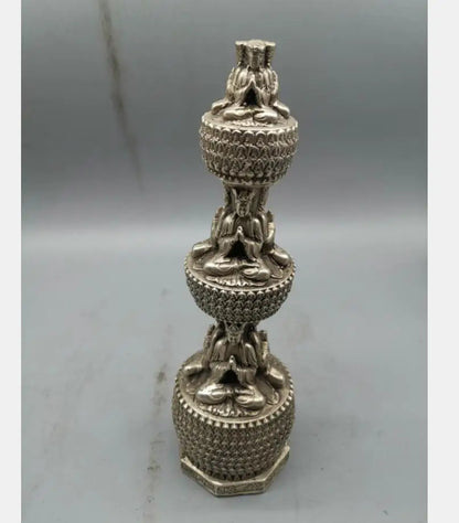 China archaize White copper Buddha tower crafts statue