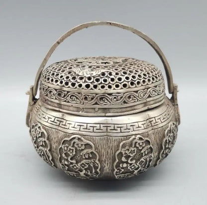 China archaize White copper Hollow out Incense burner crafts statue
