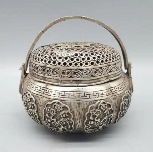 China archaize White copper Hollow out Incense burner crafts statue