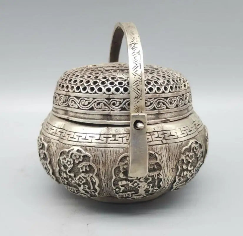 China archaize White copper Hollow out Incense burner crafts statue