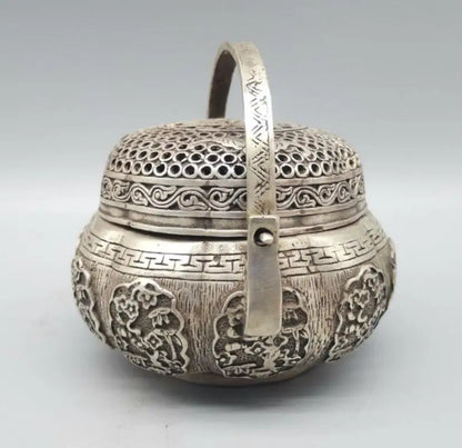 China archaize White copper Hollow out Incense burner crafts statue