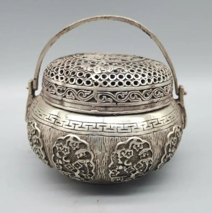 China archaize White copper Hollow out Incense burner crafts statue
