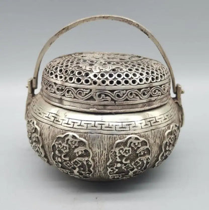 China archaize White copper Hollow out Incense burner crafts statue
