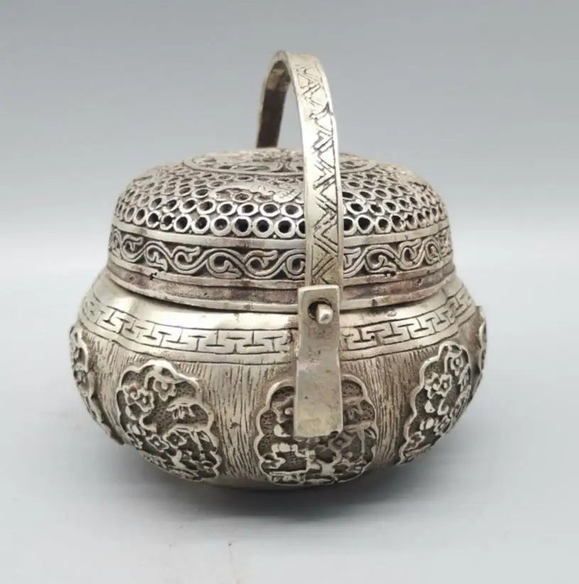 China archaize White copper Hollow out Incense burner crafts statue