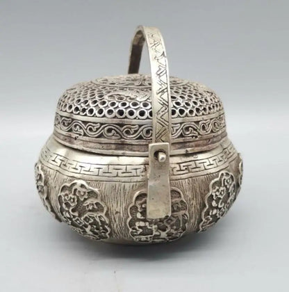 China archaize White copper Hollow out Incense burner crafts statue
