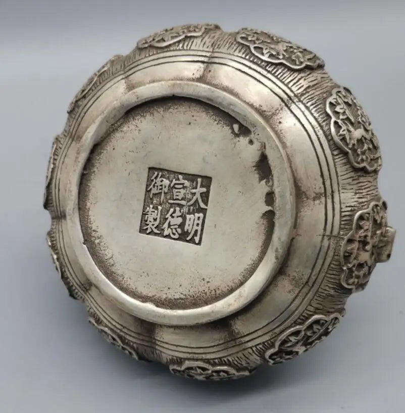 China archaize White copper Hollow out Incense burner crafts statue