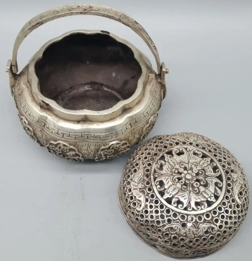 China archaize White copper Hollow out Incense burner crafts statue