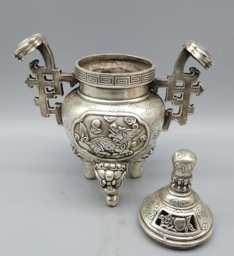 China archaize White copper Kirin Incense burner crafts statue