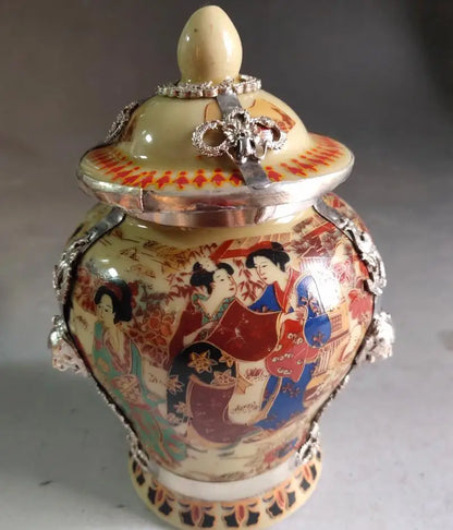 China archaize White copper Mosaic ceramics jar crafts statue