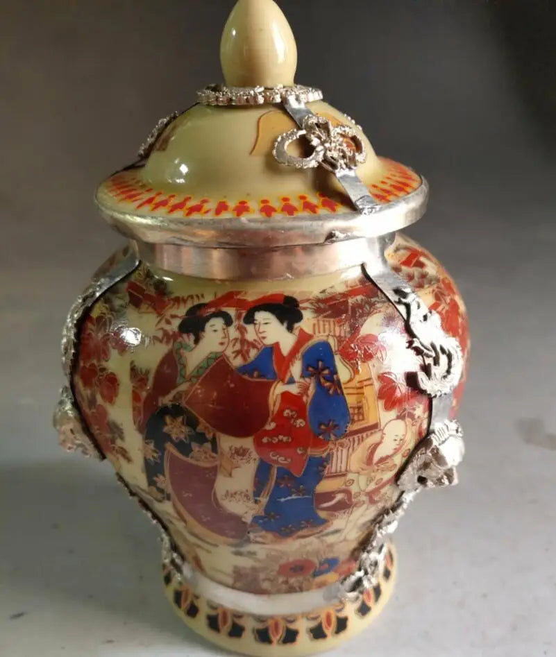 China archaize White copper Mosaic ceramics jar crafts statue