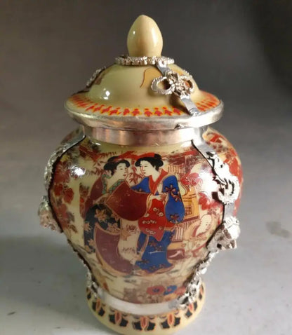 China archaize White copper Mosaic ceramics jar crafts statue