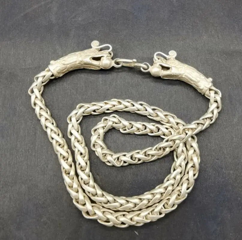 China archaize White copper double dragon head necklace