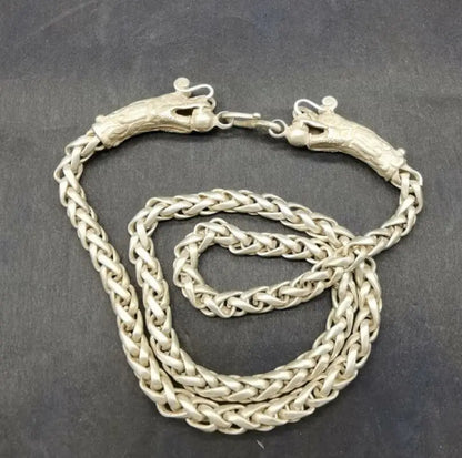 China archaize White copper double dragon head necklace