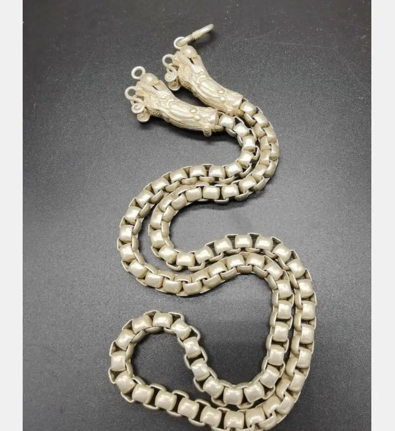 China archaize White copper double dragon head necklace