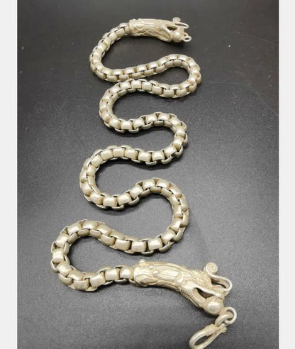 China archaize White copper double dragon head necklace
