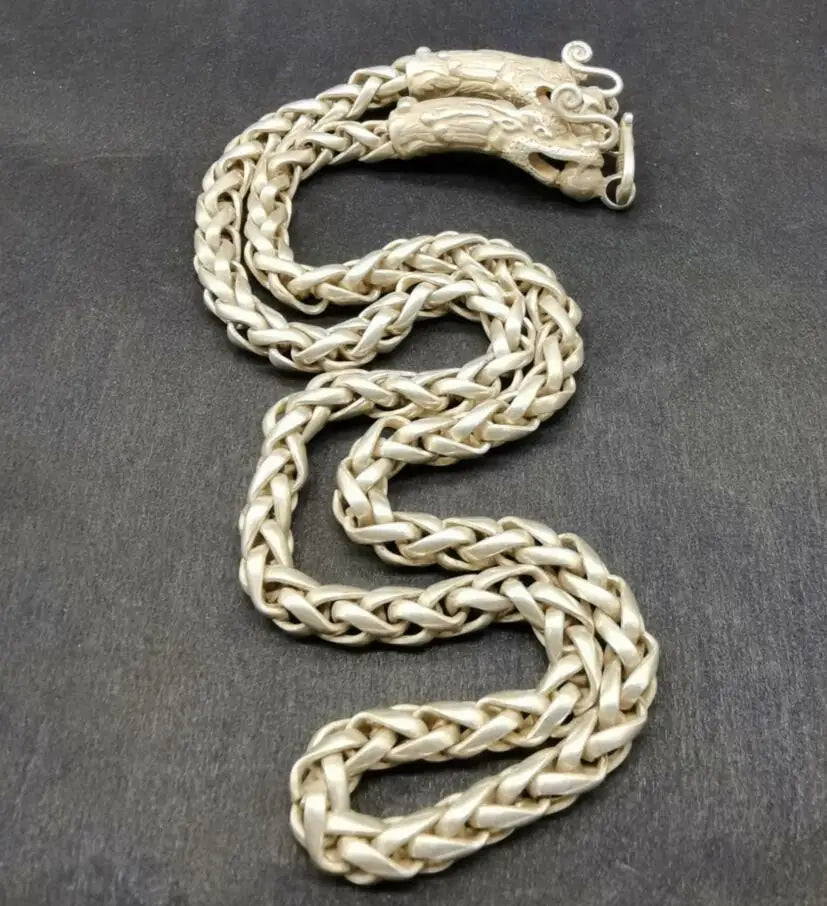 China archaize White copper double dragon head necklace
