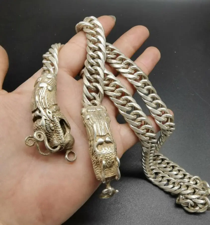 China archaize White copper double dragon head necklace