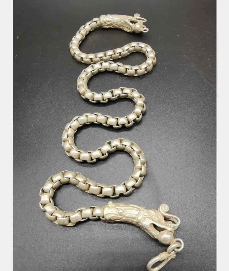 China archaize White copper double dragon head necklace