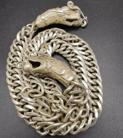 China archaize White copper double dragon head necklace