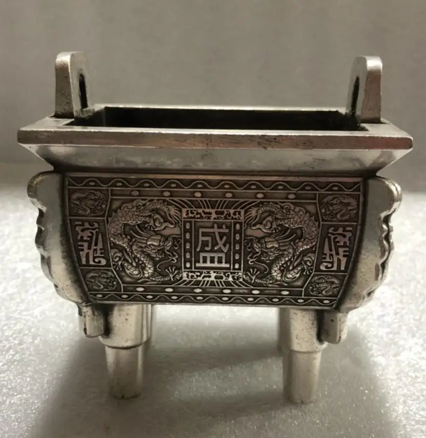 China archaize White copper double dragon incense burner crafts statue