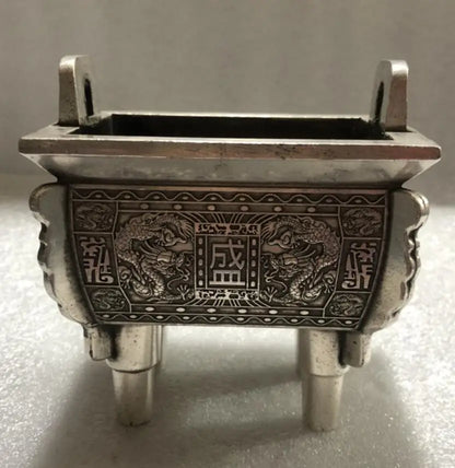 China archaize White copper double dragon incense burner crafts statue