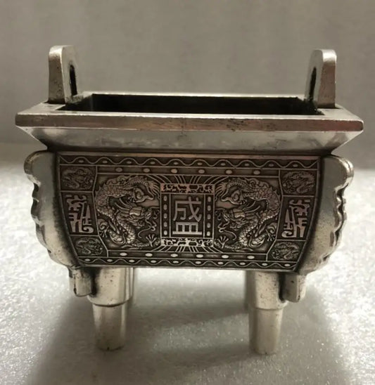 China archaize White copper double dragon incense burner crafts statue