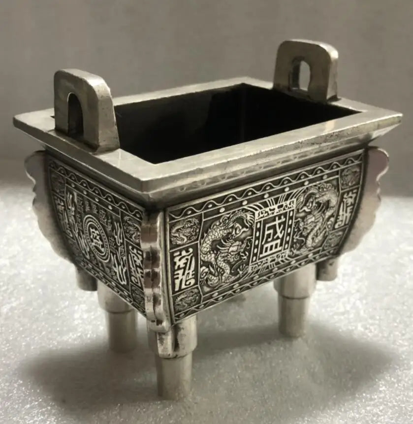 China archaize White copper double dragon incense burner crafts statue