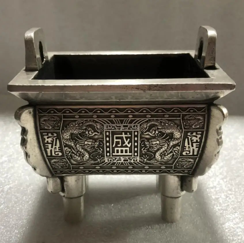 China archaize White copper double dragon incense burner crafts statue