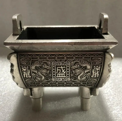 China archaize White copper double dragon incense burner crafts statue