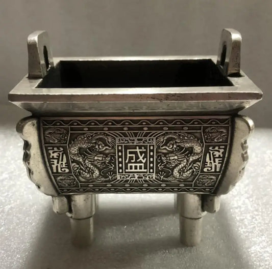 China archaize White copper double dragon incense burner crafts statue