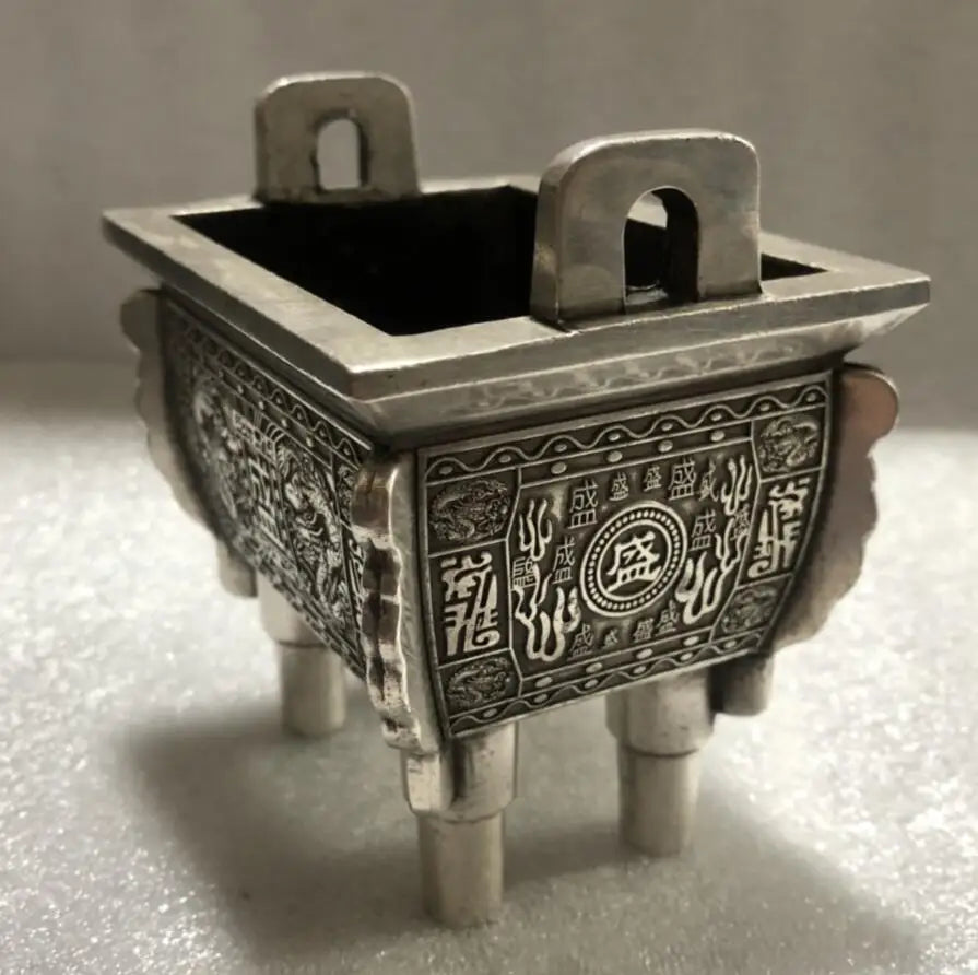China archaize White copper double dragon incense burner crafts statue