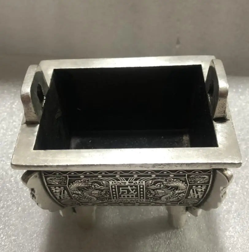 China archaize White copper double dragon incense burner crafts statue