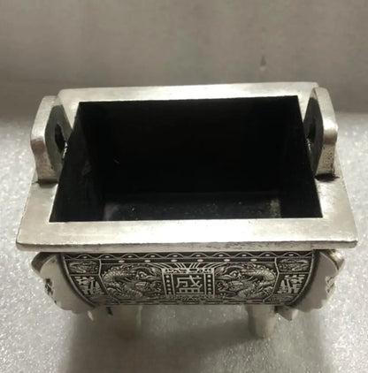 China archaize White copper double dragon incense burner crafts statue