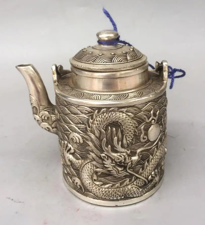 China archaize White copper dragon teapot crafts statue