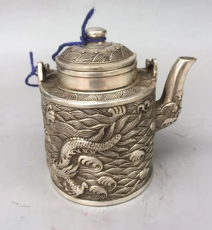 China archaize White copper dragon teapot crafts statue