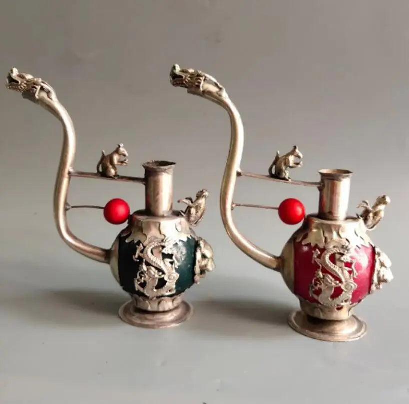 China archaize White copper mosaic jade Pipe crafts statue