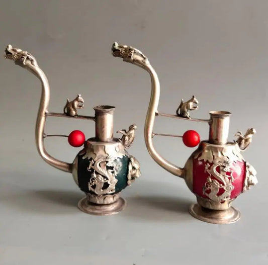 China archaize White copper mosaic jade Pipe crafts statue