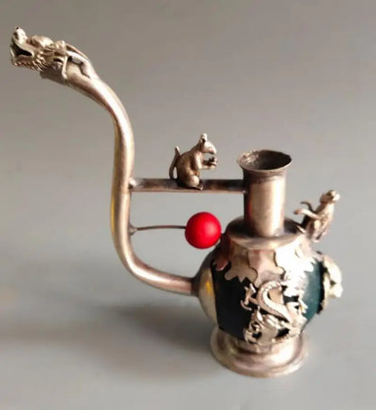 China archaize White copper mosaic jade Pipe crafts statue