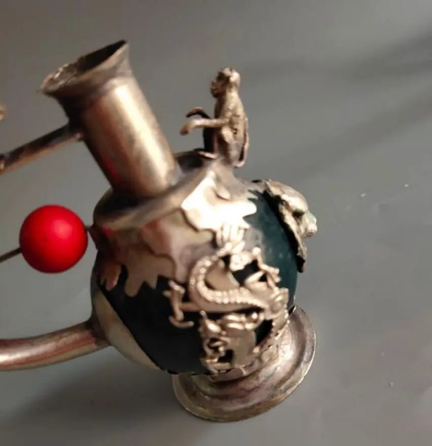 China archaize White copper mosaic jade Pipe crafts statue