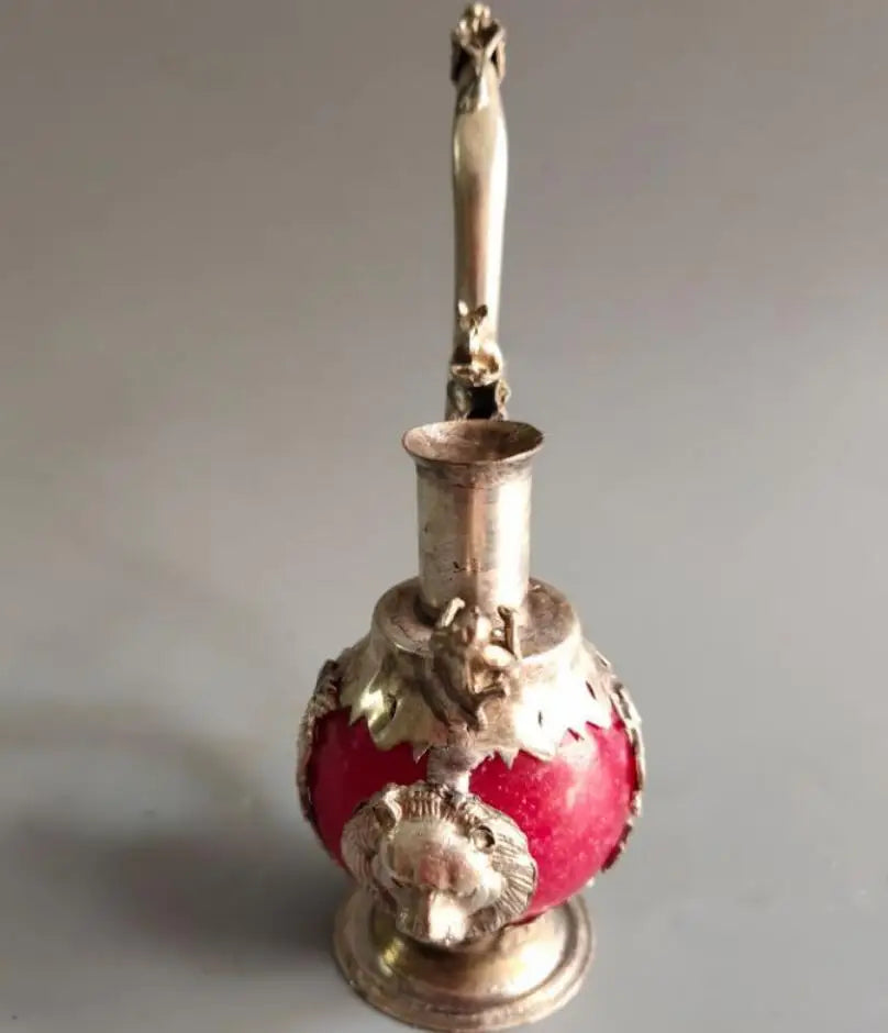 China archaize White copper mosaic jade Pipe crafts statue