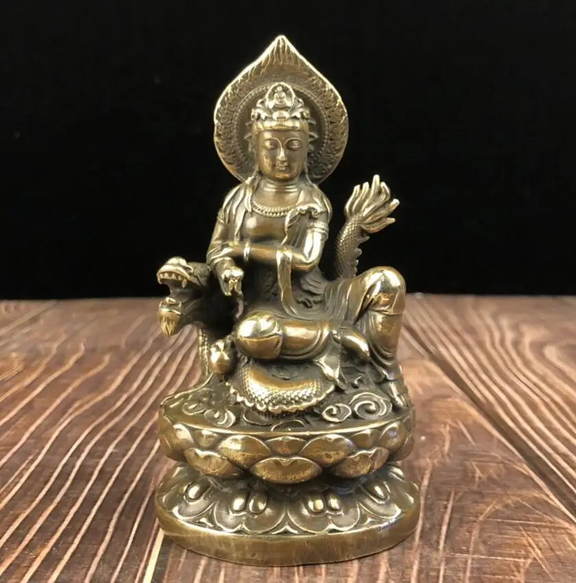 China archaize brass Guanyin bodhisattva sit dragon crafts statue