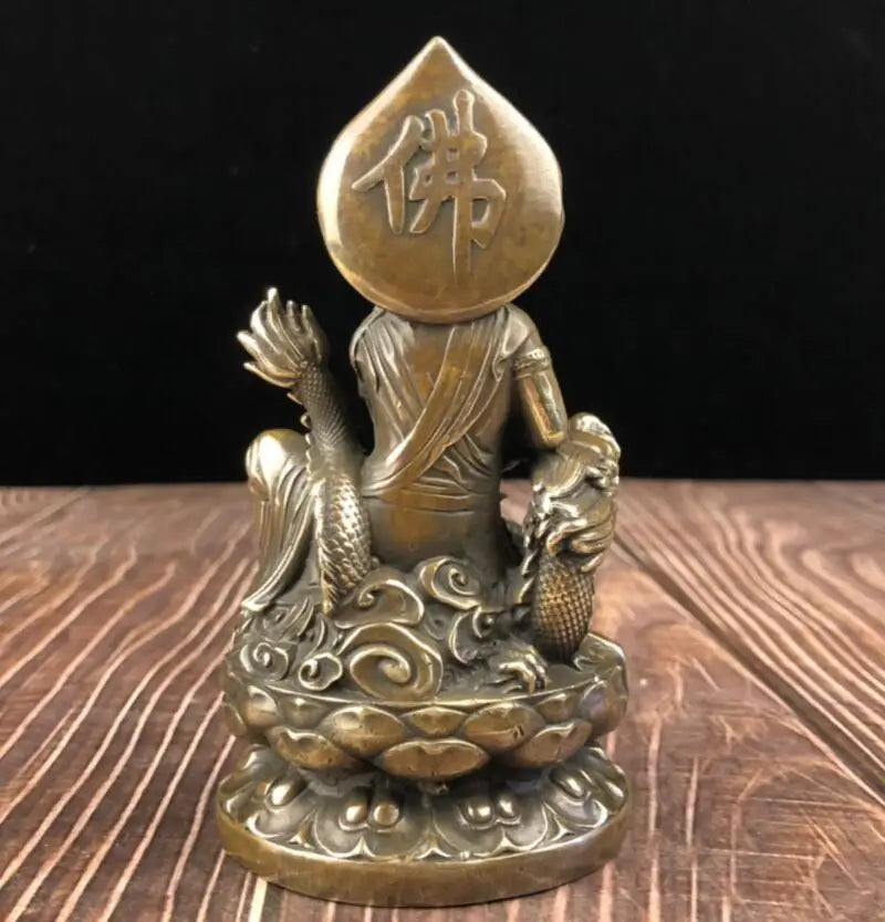 China archaize brass Guanyin bodhisattva sit dragon crafts statue