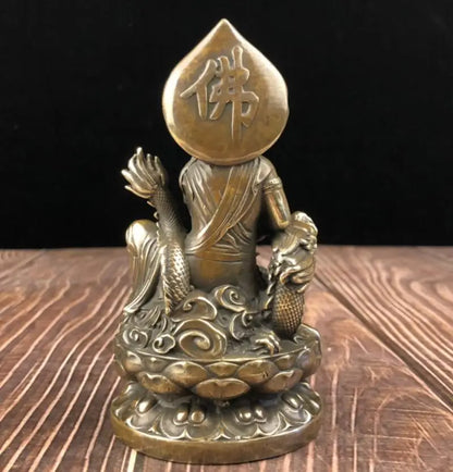 China archaize brass Guanyin bodhisattva sit dragon crafts statue