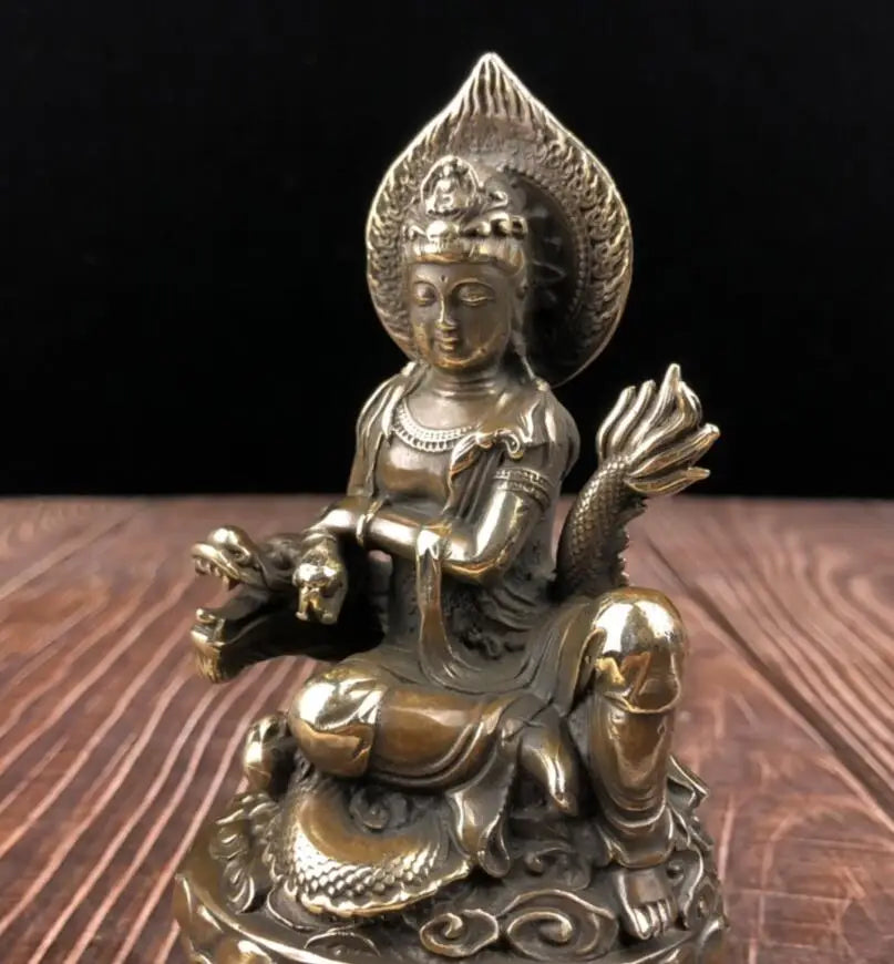 China archaize brass Guanyin bodhisattva sit dragon crafts statue