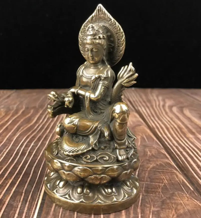 China archaize brass Guanyin bodhisattva sit dragon crafts statue