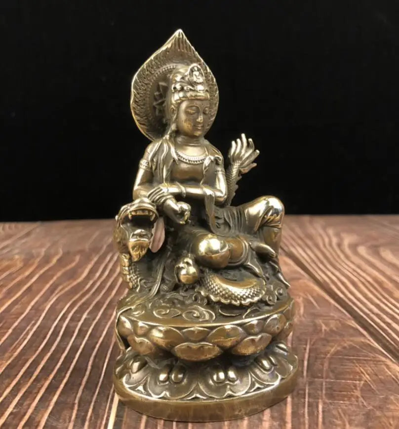 China archaize brass Guanyin bodhisattva sit dragon crafts statue