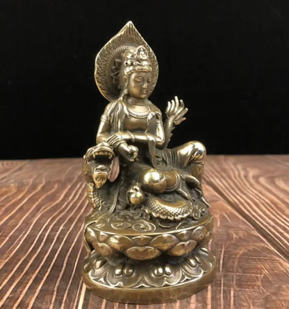 China archaize brass Guanyin bodhisattva sit dragon crafts statue